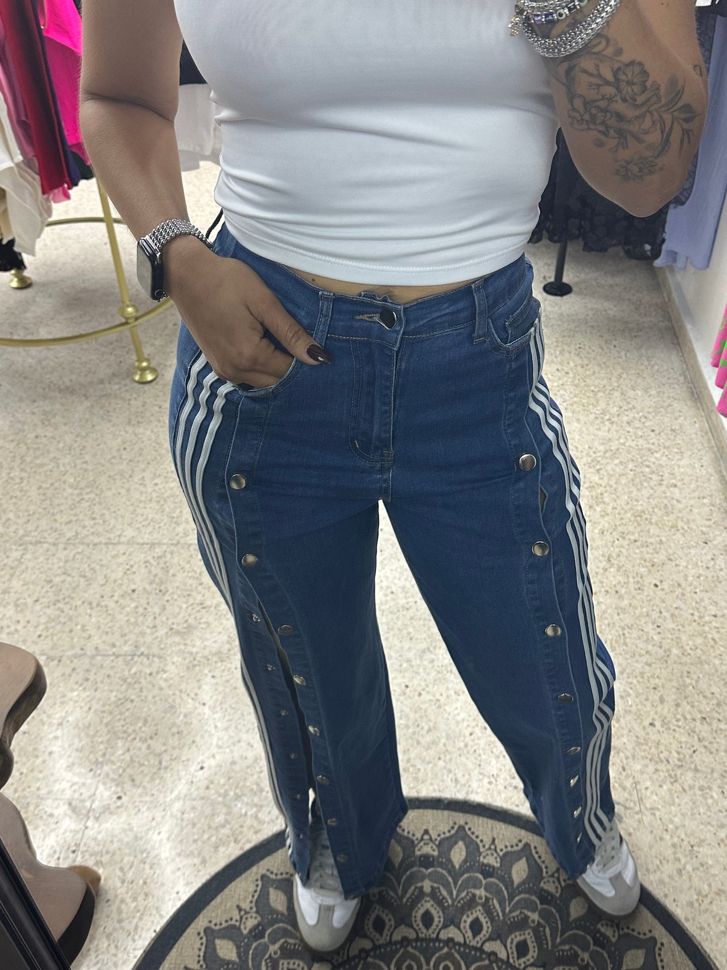 Blue pants with lines