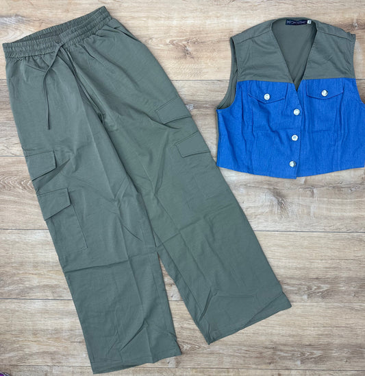 Set de Pantalon y chaleco color verde con detalles denim